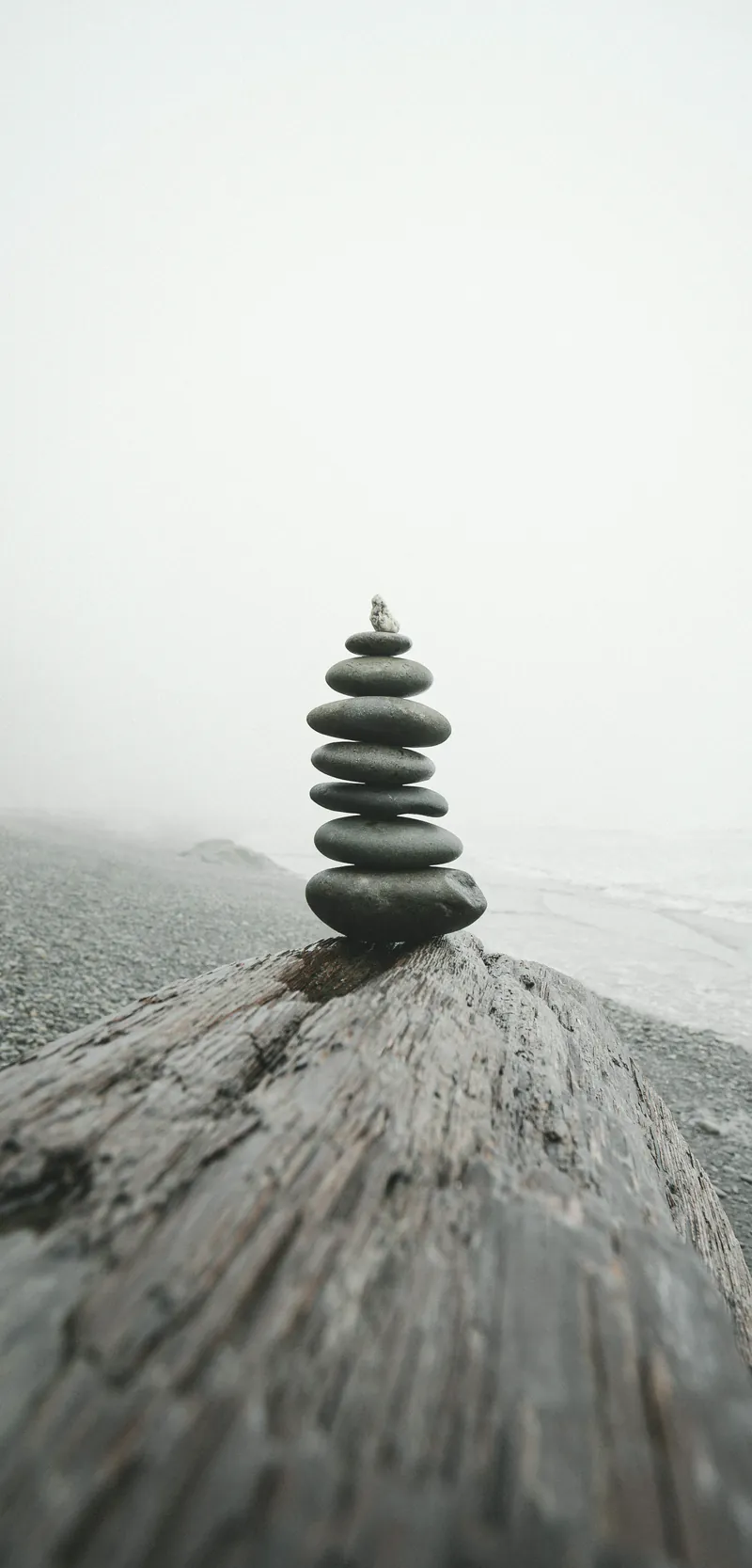A cairn of flat stones balanced on driftwood, the shore behind it lost in fog.